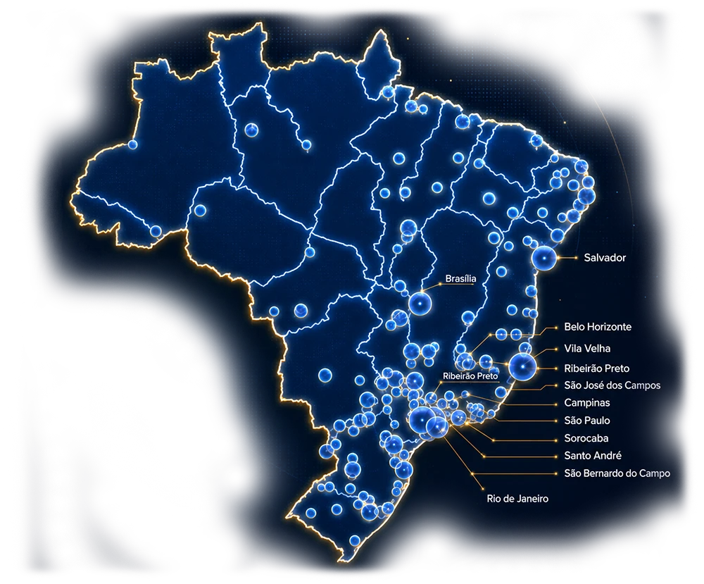 Mapa do Brasil com a presença de representantes da Capital Invest por cidade